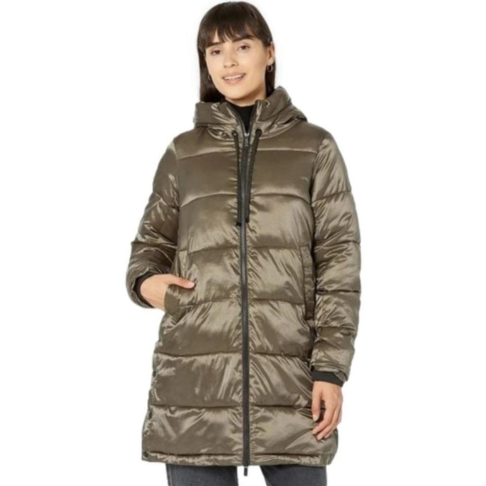 Sam Edelman Funnel Collar Water Repellent Puffer Coat Removable Hood Fern Green